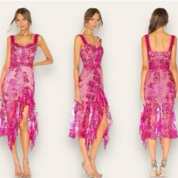 NWT Bronx and Banco Eva Sleeveless Embroidered Floral Midi Dress Fuchsia  Small